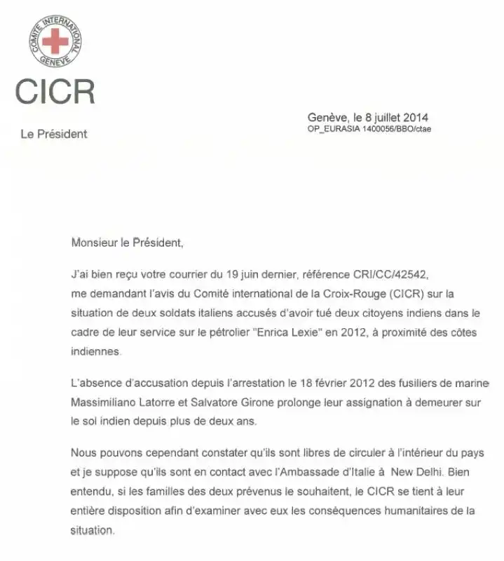 la lettera del presidente della croce rossa internazionale al presidente italiano 