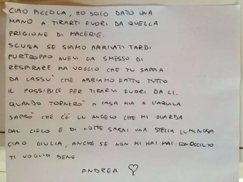 LA LETTERA DEL VIGILE DEL FUOCO ALLA PICCOLA GIULIA