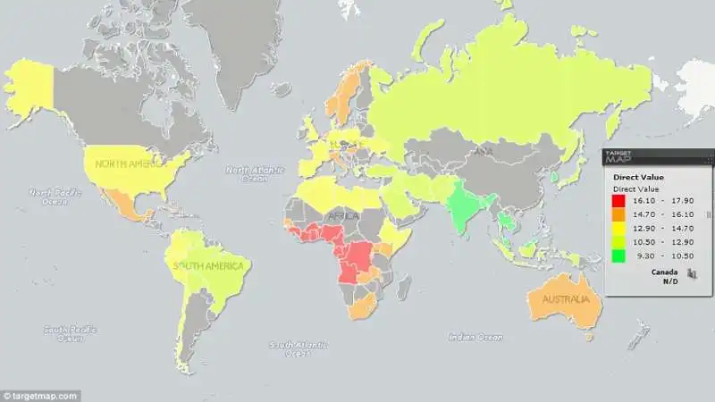 mappa della misura media dei peni in erezione