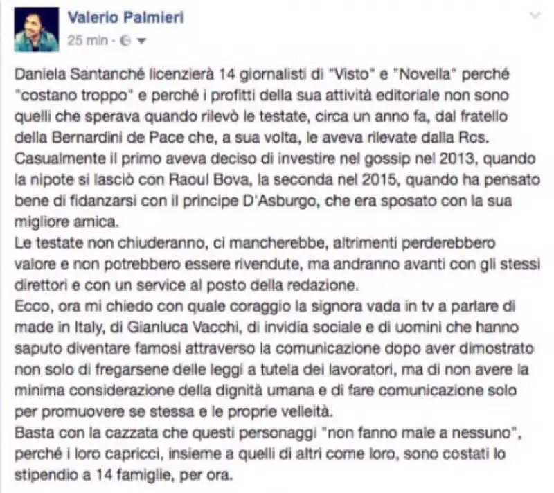 IL POST DI VALERIO PALMIERI CONTRO DANIELA SANTANCHE PER I LICENZIAMENTI A NOVELLA