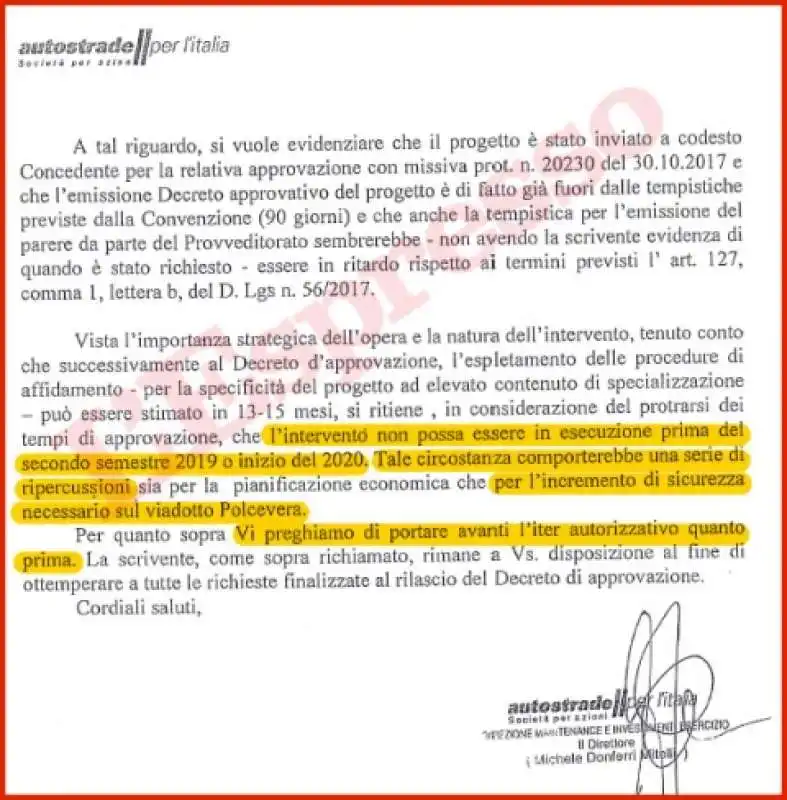 la lettera di febbraio accusa Autostrade e Ministero