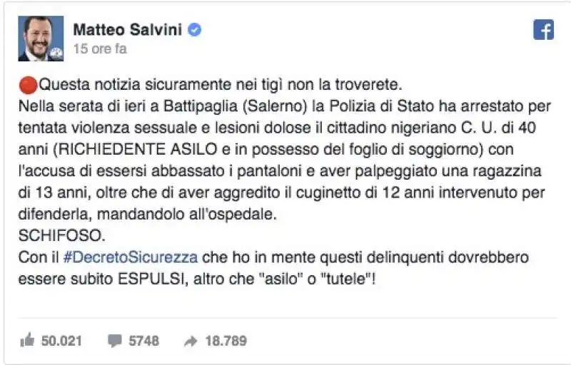 SALVINI DA' LA NOTIZIA DEL NIGERIANO MOLESTATORE A BATTIPAGLIA