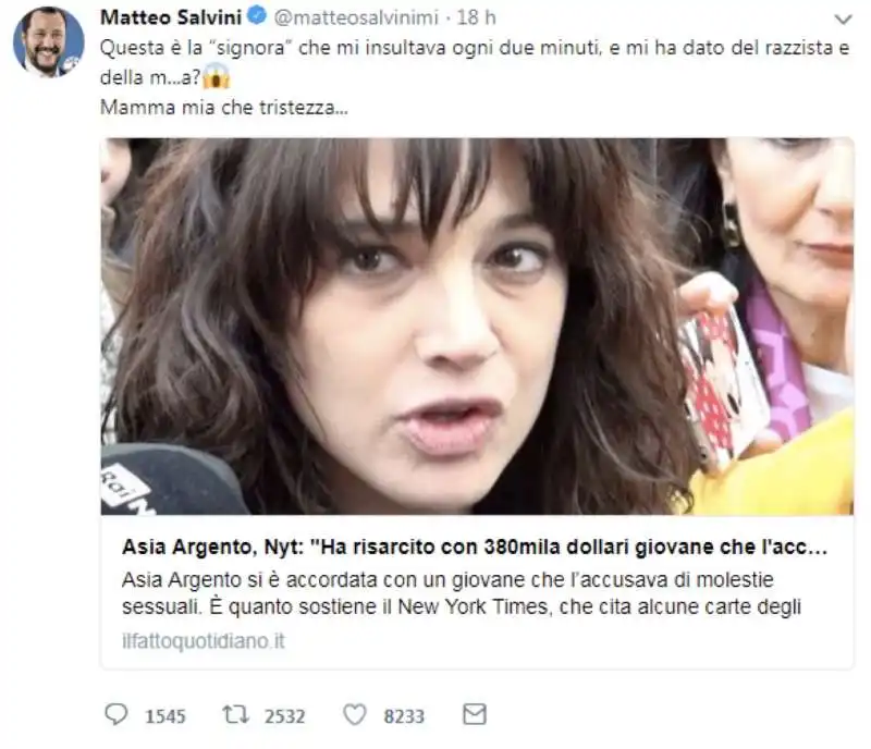 salvini gode per le molestie di asia argento a jimmy bennett