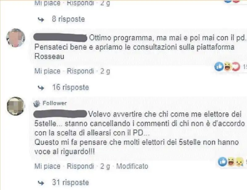 commenti contro il pd sulla pagina facebook del movimento 5 stelle 2