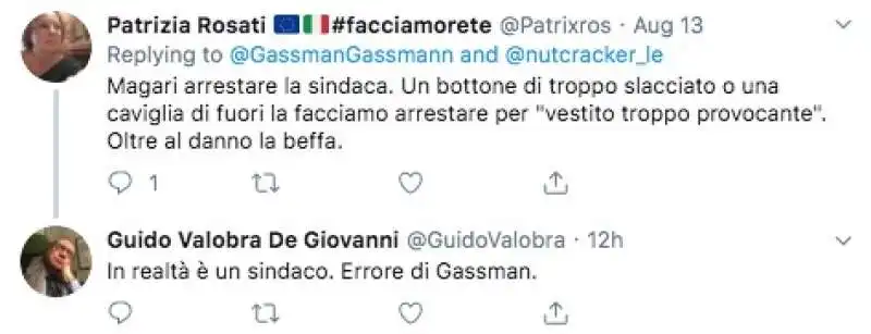 i tweet in cui si ricorda a gassmann che il sindaco e' uomo 5