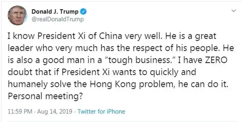 il tweet di donald trump su xi jinping e hong kong