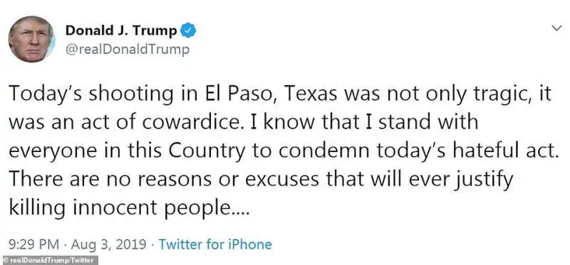 il tweet di donald trump sulla sparatoria di el paso