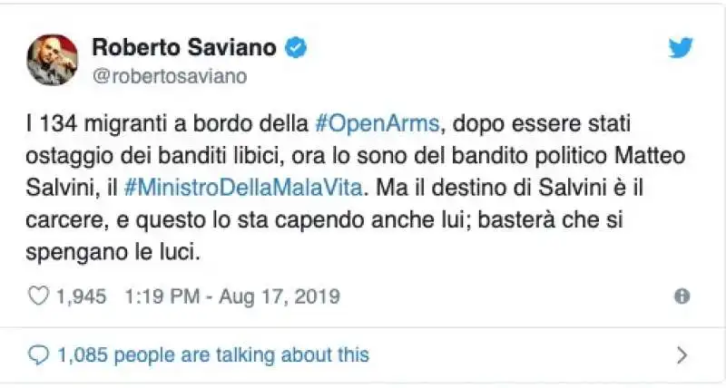 IL TWEET DI ROBERTO SAVIANO CHE PROFETIZZA IL CARCERE PER SALVINI