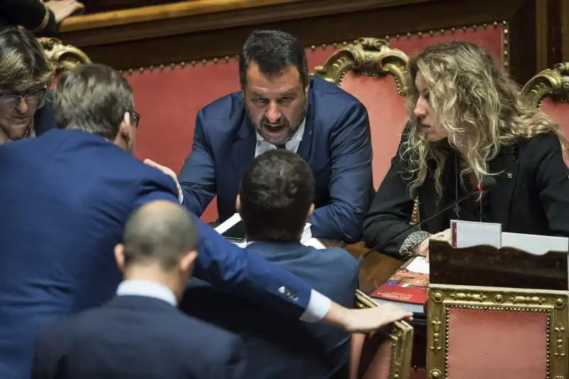 matteo salvini al senato con giulia bongiorno e erika stefani