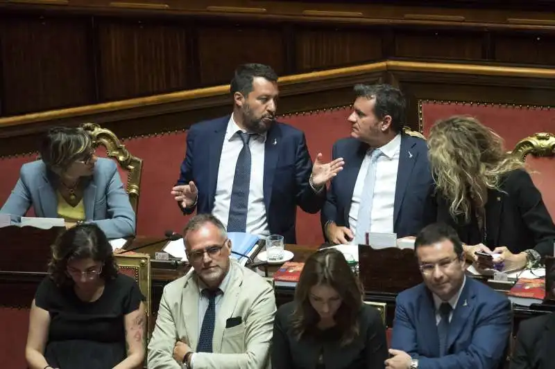 matteo salvini durante il voto sulla tav al senato parla con giulia bongiorno erika stefani gian marco centinaio