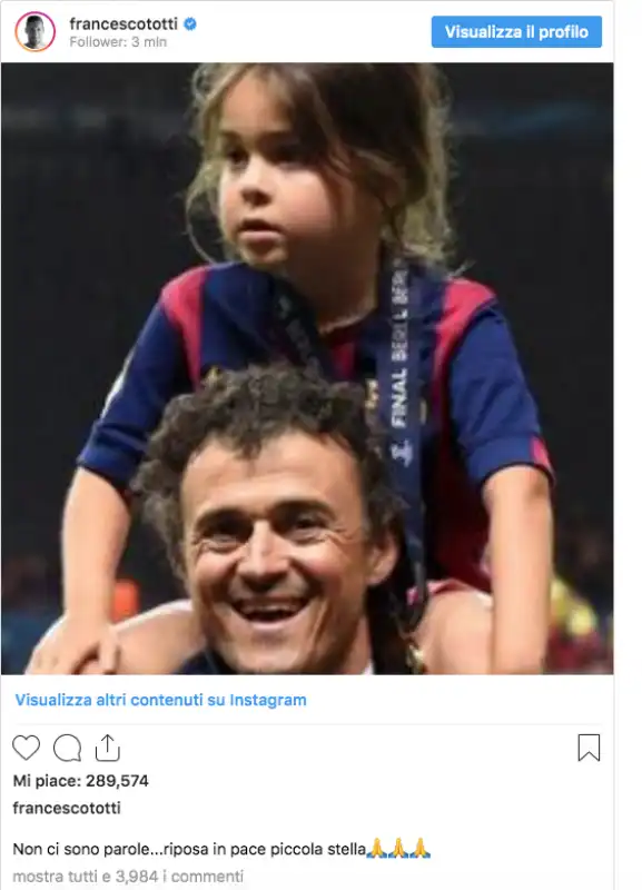 totti messaggio per la scomparsa della figlia di luis enrique