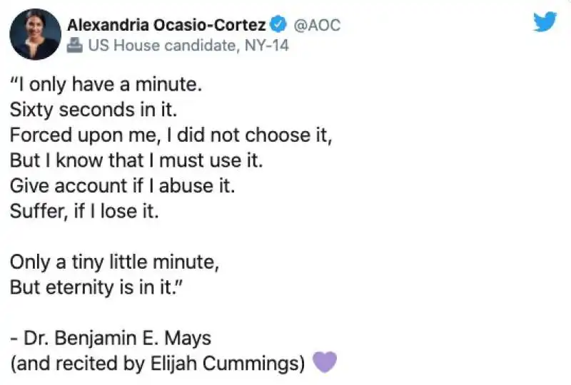 il tweet di alexandria ocasio cortez sul suo minuto di discorso alla convention