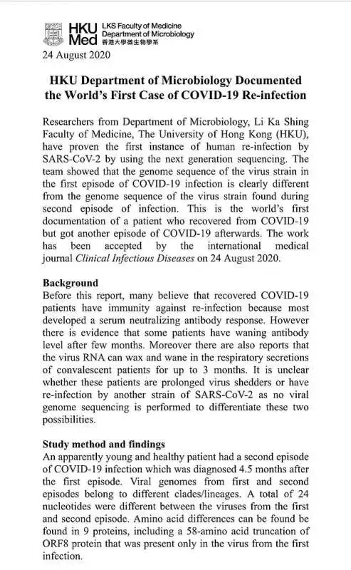 REINFEZIONE CORONAVIRUS - HONG KONG