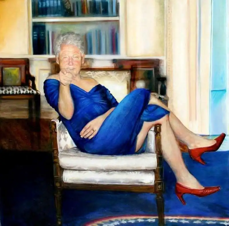 RITRATTO DI BILL CLINTON VESTITO DA MONICA LEWINSKY IN CASA EPSTEIN A NEW YORK