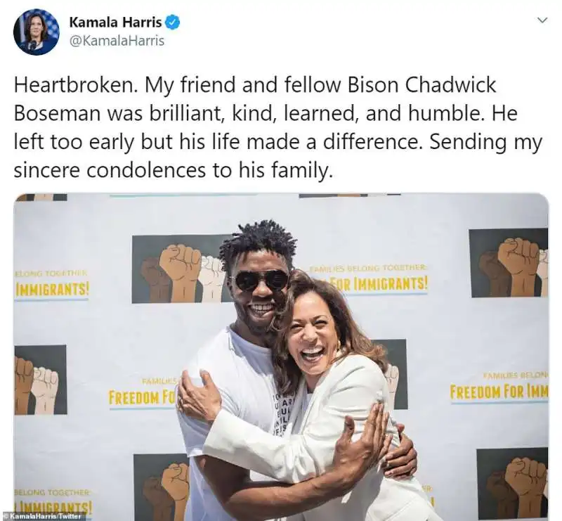 tweet di kamala harris sulla morte di chadwick boseman