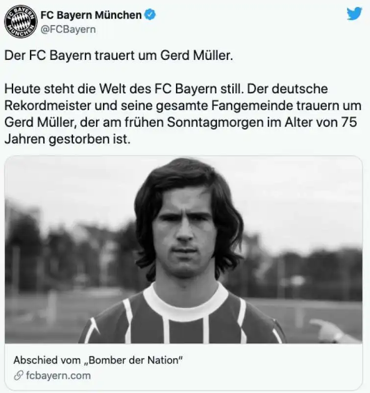 IL BAYERN MONACO ANNUNCIA LA MORTE DI GERD MULLER