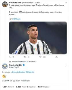 IL TWEET DEL MANCHESTER CITY SU RONALDO