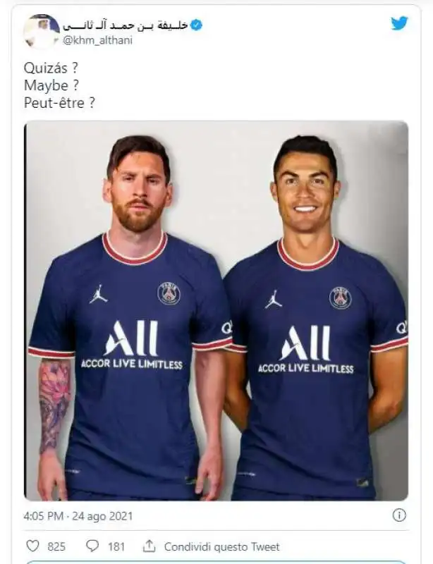 il tweet su messi e ronaldo al psg