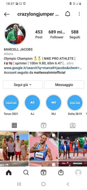 marcell jacobs seguito su instagram da matteo salvini