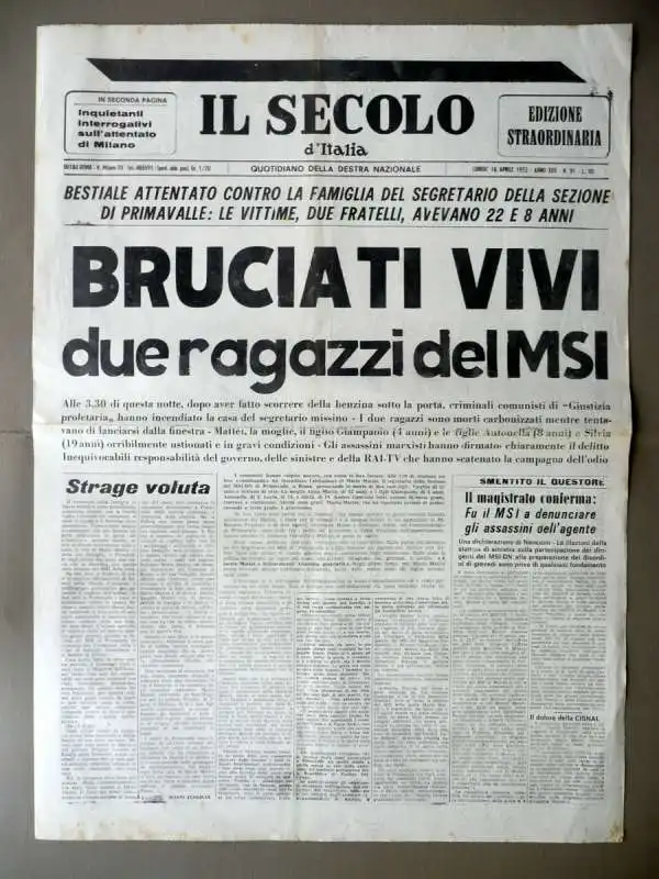 prima pagina del secolo ditalia dopo il rogo di primavalle 