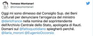 TOMASO MONTANARI SI DIMETTE DAL CONSIGLIO SUPERIORE DEI BENI CULTURALI