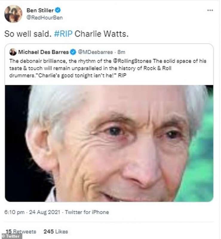 tributo di ben stiller a charlie watts