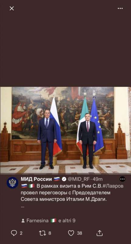 TWEET DEL MINISTERO DEGLI ESTERI RUSSO SULL AVISITA LAVROV DRAGHI