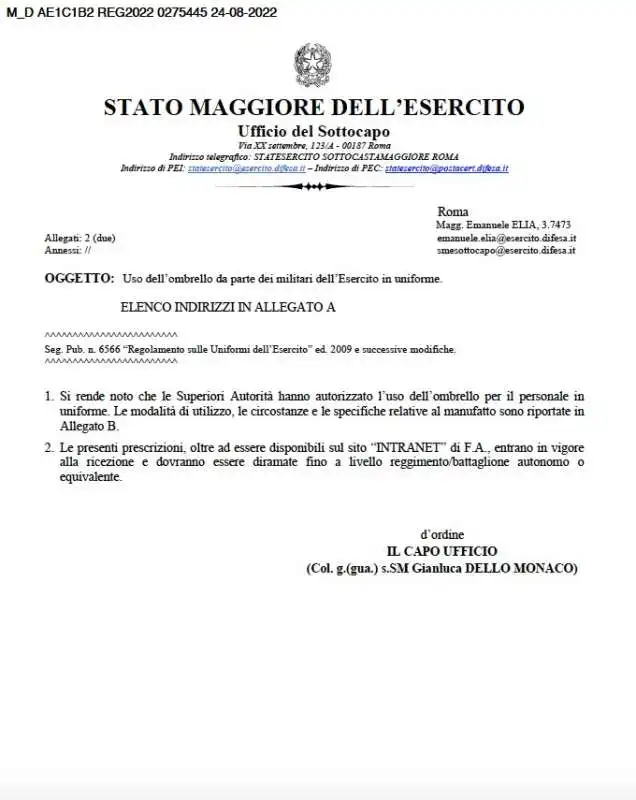 disposizione dello Stato Maggiore dell’Esercito sugli ombrelli 1