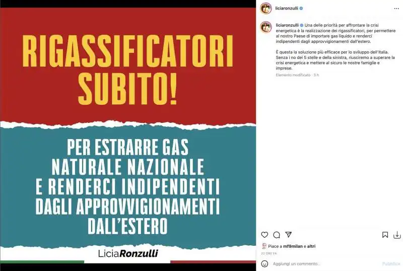 IL POST DI LICIA RONZULLI SUI RIGASSIFICATORI 