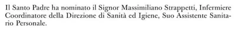 MASSIMILIANO STRAPPETTI NOMINATO ASSISTENTE SANITARIO PERSONALE DI BERGOGLIO - DALL OSSERVATORE ROMANO