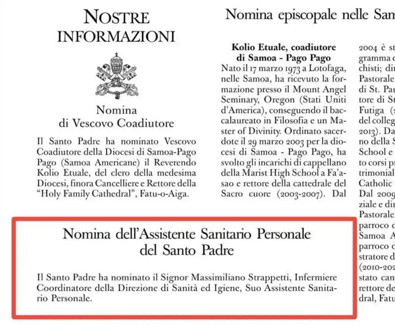 MASSIMILIANO STRAPPETTI NOMINATO ASSISTENTE SANITARIO PERSONALE DI BERGOGLIO - DALL OSSERVATORE ROMANO