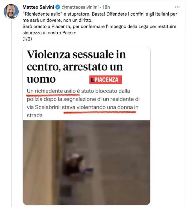 tweet di matteo salvini sullo stupro di piacenza