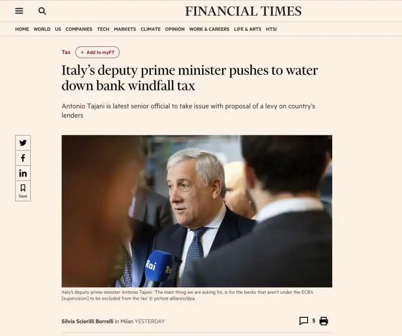 ARTICOLO DEL FINANCIAL TIMES SU ANTONIO TAJANI CONTRARIO ALLA TASSA SUGLI EXTRAPROFITTI