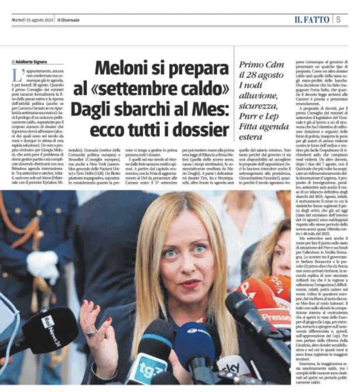 ARTICOLO DEL GIORNALE SUL SETTEMBRE CALDO DI GIORGIA MELONI - 15 AGOSTO 2023