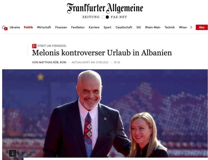 ARTICOLO DELLA FRANKFURTER ALLGEMEINE ZEITUNG SULLE VACANZE DI GIORGIA MELONI IN ALBANIA