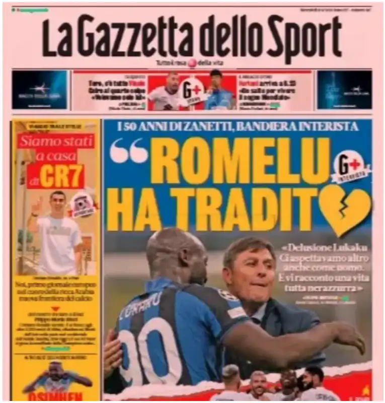 GAZZETTA DELLO SPORT INTERVISTA A ZANETTI TITOLO SU LUKAKU