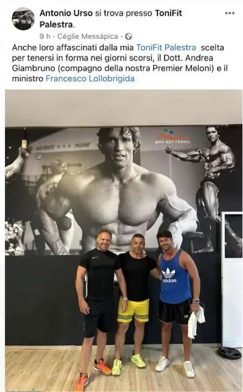 il post di antonio urso - proprietario di una palestra a ceglie messapica -  con francesco lollobrigida e andrea giambruno 