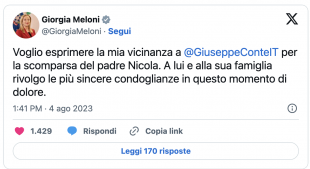 il tweet di giorgia meloni per la morte del padre di Giuseppe Conte