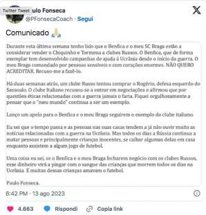 il tweet di paulo fonseca contro la russia