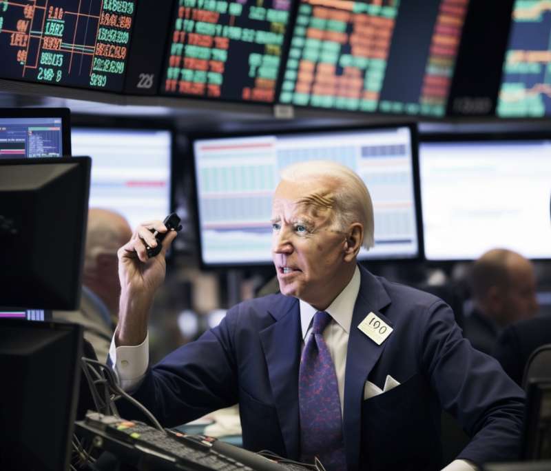 JOE BIDEN IN VERSIONE TRADER A WALL STREET - IMMAGINE CREATA CON MIDJOURNEY