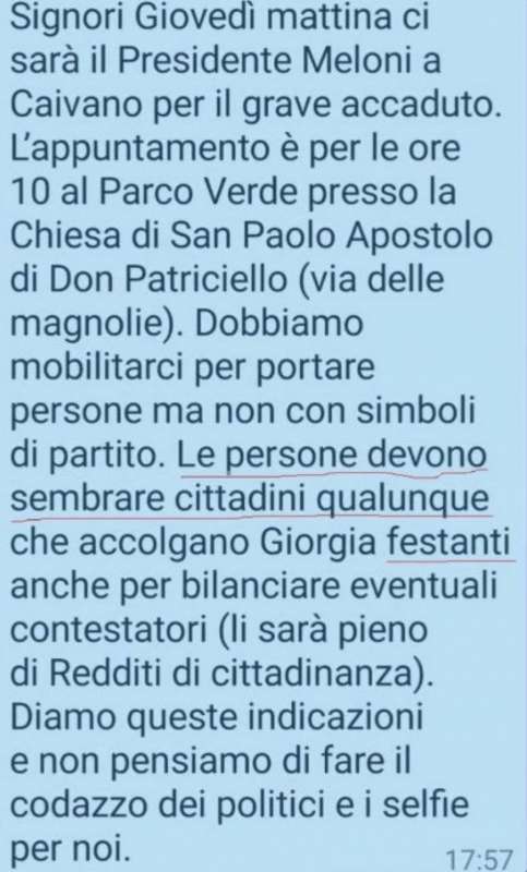 LE CHAT PER ORGANIZARE LA CLAQUE A GIORGIA MELONI A CAIVANO