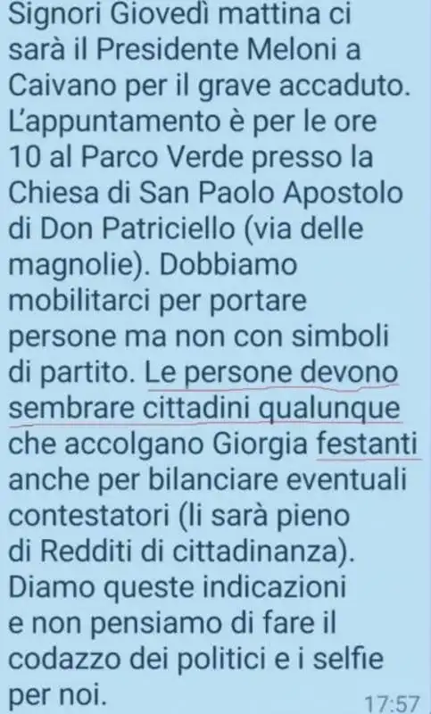 LE CHAT PER ORGANIZARE LA CLAQUE A GIORGIA MELONI A CAIVANO