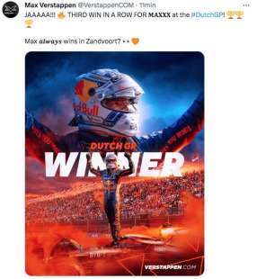 max verstappen festeggia su twitter la vittoria nel gran premio di olanda 2023