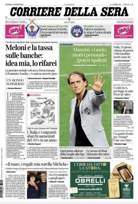 PRIMA PAGINA CORRIERE DELLA SERA - 14 AGOSTO 2023