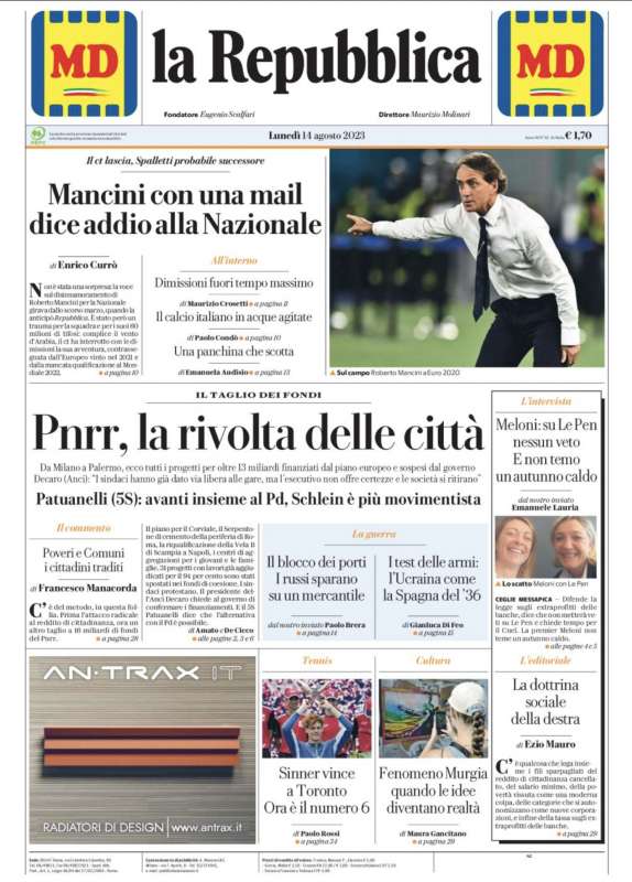 PRIMA PAGINA LA REPUBBLICA - 14 AGOSTO 2023