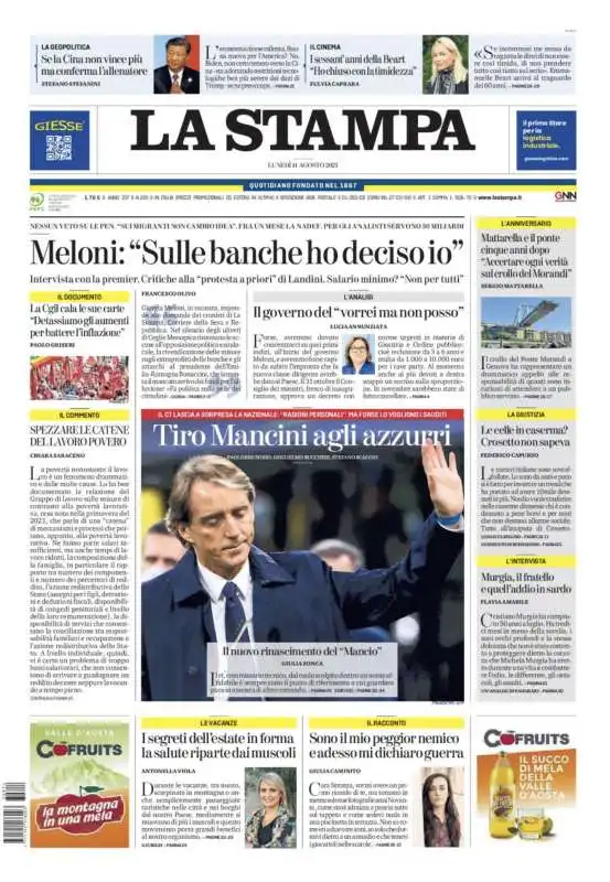 PRIMA PAGINA LA STAMPA - 14 AGOSTO 2023 