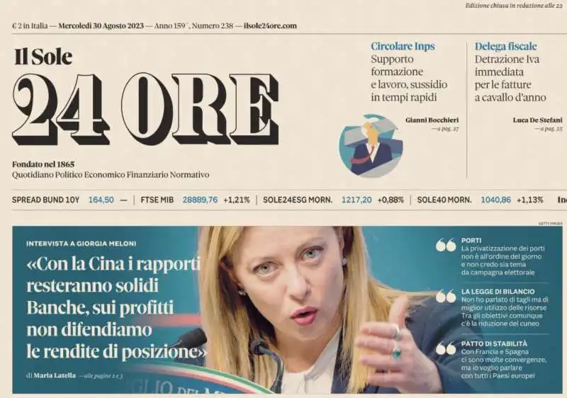 PRIMA PAGINA SOLE 24 ORE 30 AGOSTO 2023 