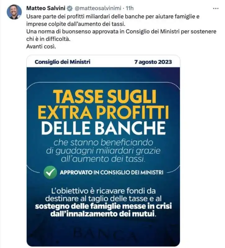 SALVINI ANNUNCIA LA TASSA SUGLI EXTRAPROFITTI DELLE BANCHE