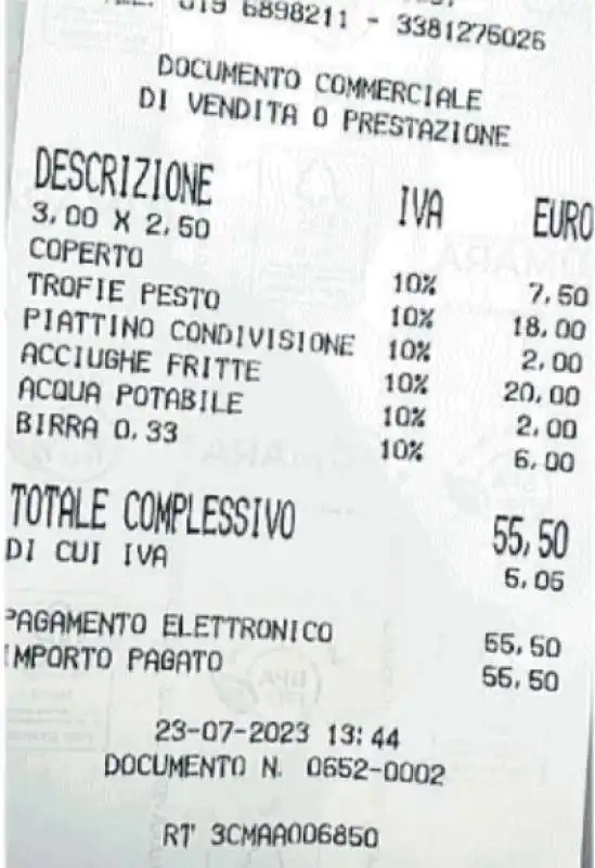 scontrino - 2 euro per piatto vuoto -Osteria del Cavolo di Finalborgo