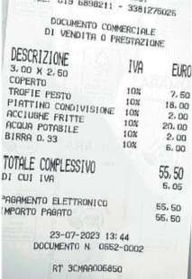 scontrino - 2 euro per piatto vuoto -Osteria del Cavolo di Finalborgo